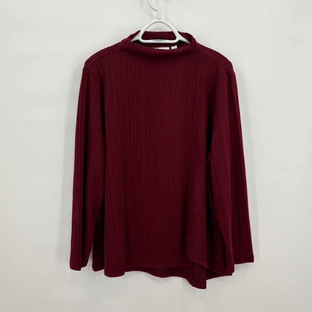 Denim & Co Womens XL Burgundy Ribbed Mock Neck Long‎ Sleeve Top A388273